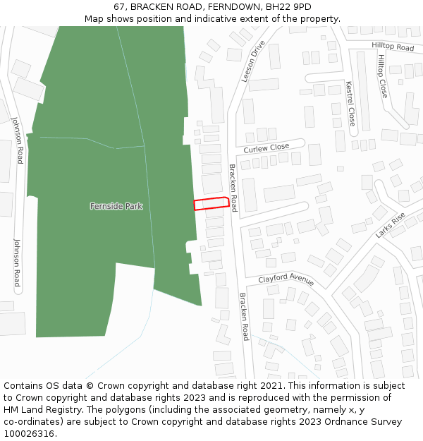 67, BRACKEN ROAD, FERNDOWN, BH22 9PD: Location map and indicative extent of plot