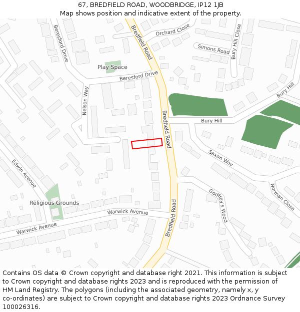 67, BREDFIELD ROAD, WOODBRIDGE, IP12 1JB: Location map and indicative extent of plot
