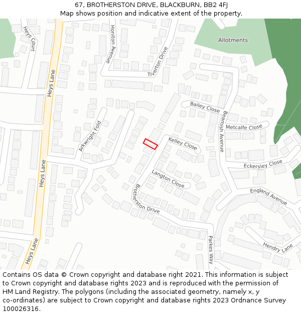 67, BROTHERSTON DRIVE, BLACKBURN, BB2 4FJ: Location map and indicative extent of plot