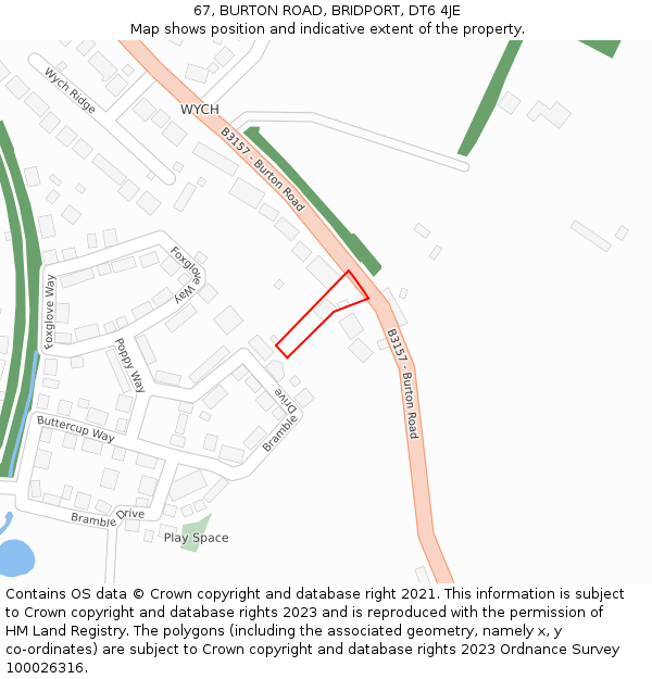 67, BURTON ROAD, BRIDPORT, DT6 4JE: Location map and indicative extent of plot