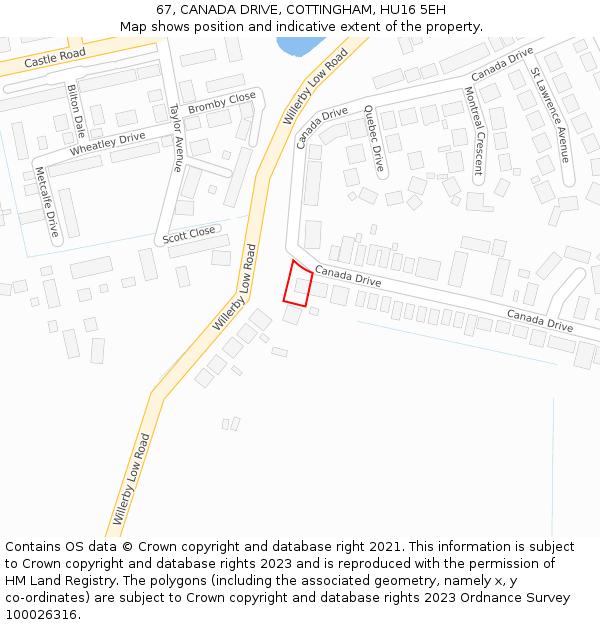 67, CANADA DRIVE, COTTINGHAM, HU16 5EH: Location map and indicative extent of plot