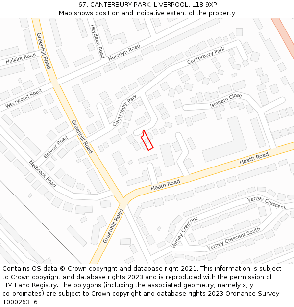 67, CANTERBURY PARK, LIVERPOOL, L18 9XP: Location map and indicative extent of plot