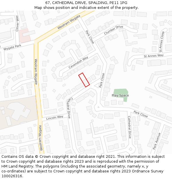 67, CATHEDRAL DRIVE, SPALDING, PE11 1PG: Location map and indicative extent of plot