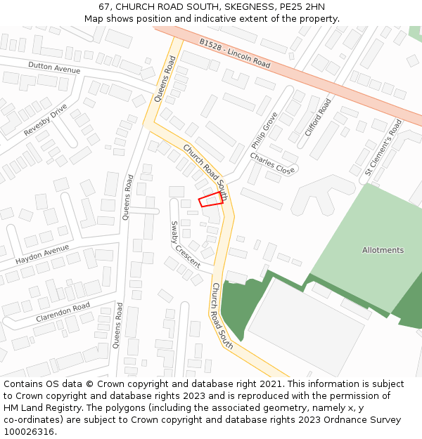 67, CHURCH ROAD SOUTH, SKEGNESS, PE25 2HN: Location map and indicative extent of plot