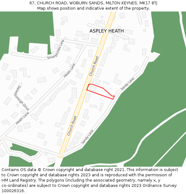 67, CHURCH ROAD, WOBURN SANDS, MILTON KEYNES, MK17 8TJ: Location map and indicative extent of plot