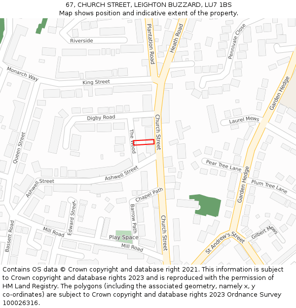 67, CHURCH STREET, LEIGHTON BUZZARD, LU7 1BS: Location map and indicative extent of plot