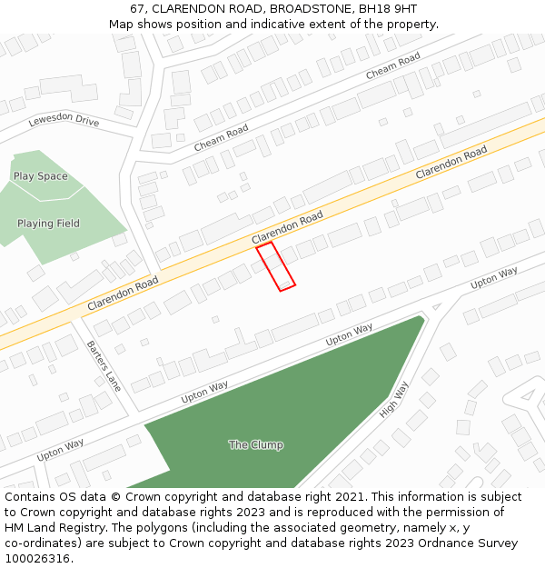 67, CLARENDON ROAD, BROADSTONE, BH18 9HT: Location map and indicative extent of plot