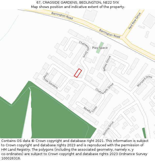 67, CRAGSIDE GARDENS, BEDLINGTON, NE22 5YX: Location map and indicative extent of plot
