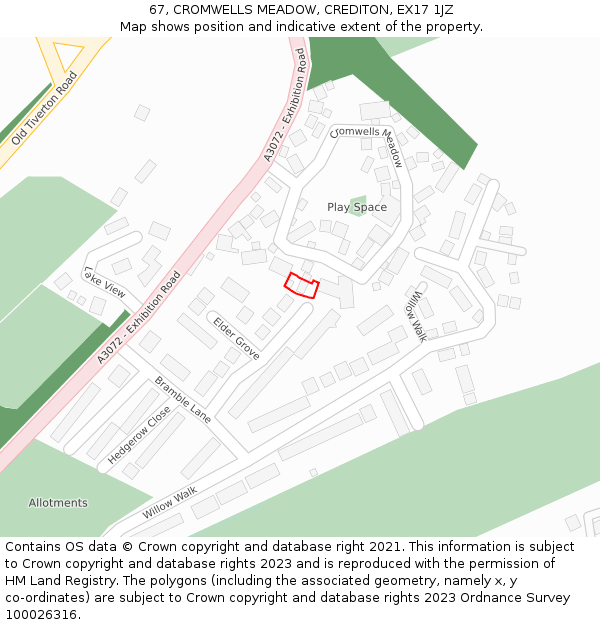 67, CROMWELLS MEADOW, CREDITON, EX17 1JZ: Location map and indicative extent of plot