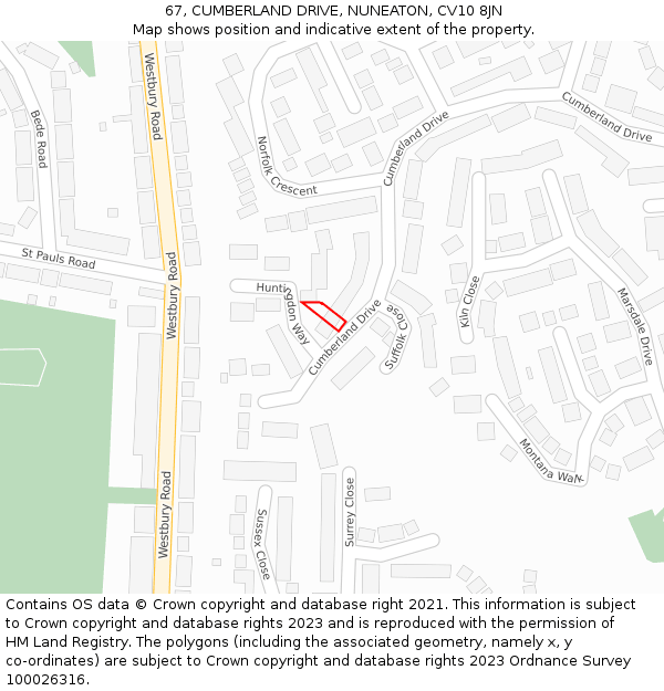 67, CUMBERLAND DRIVE, NUNEATON, CV10 8JN: Location map and indicative extent of plot