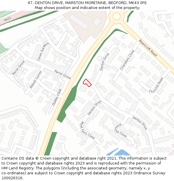 67, DENTON DRIVE, MARSTON MORETAINE, BEDFORD, MK43 0FE: Location map and indicative extent of plot