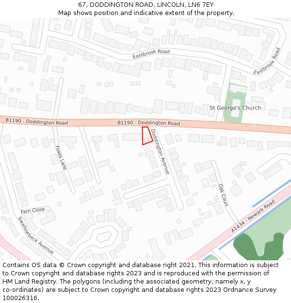 67, DODDINGTON ROAD, LINCOLN, LN6 7EY: Location map and indicative extent of plot