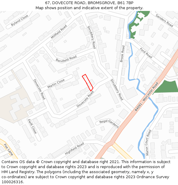 67, DOVECOTE ROAD, BROMSGROVE, B61 7BP: Location map and indicative extent of plot
