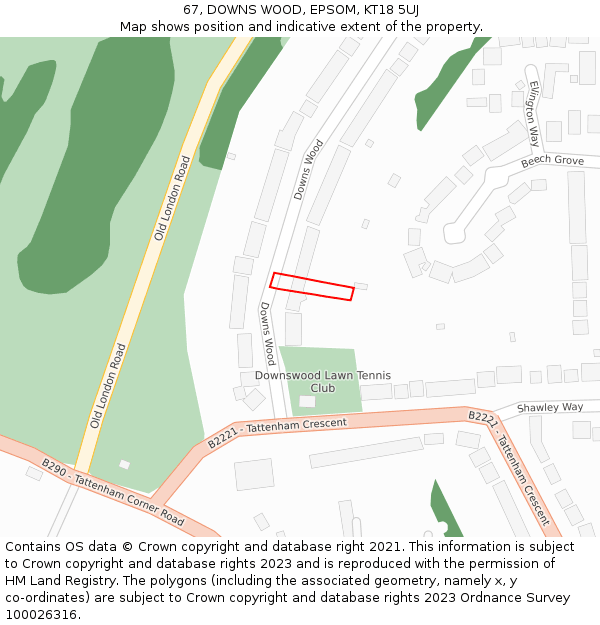 67, DOWNS WOOD, EPSOM, KT18 5UJ: Location map and indicative extent of plot