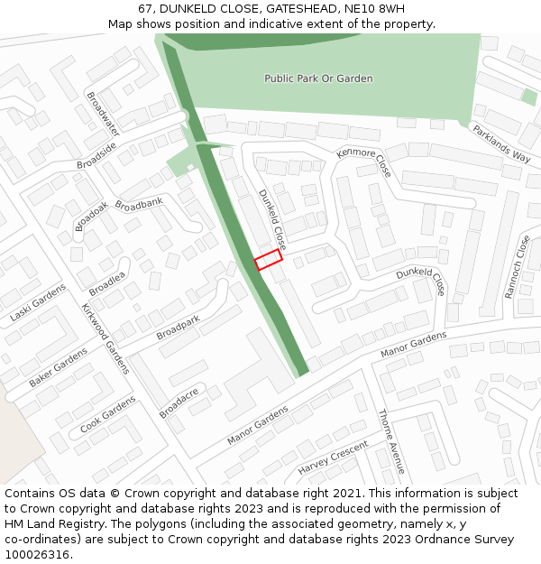 67, DUNKELD CLOSE, GATESHEAD, NE10 8WH: Location map and indicative extent of plot