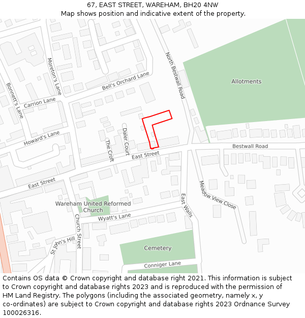 67, EAST STREET, WAREHAM, BH20 4NW: Location map and indicative extent of plot