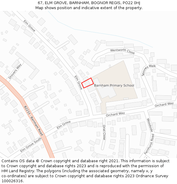 67, ELM GROVE, BARNHAM, BOGNOR REGIS, PO22 0HJ: Location map and indicative extent of plot