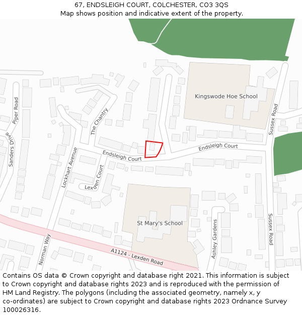 67, ENDSLEIGH COURT, COLCHESTER, CO3 3QS: Location map and indicative extent of plot