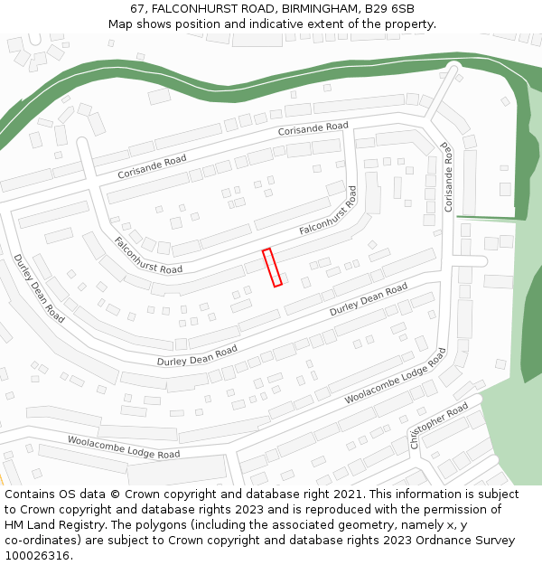 67, FALCONHURST ROAD, BIRMINGHAM, B29 6SB: Location map and indicative extent of plot