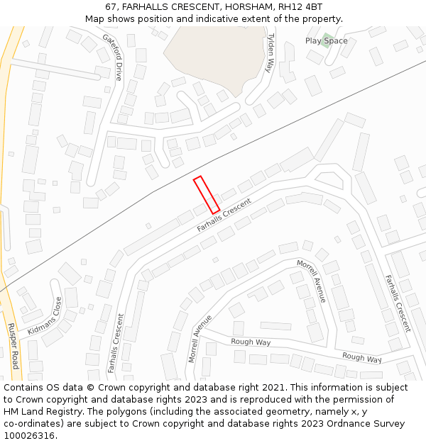 67, FARHALLS CRESCENT, HORSHAM, RH12 4BT: Location map and indicative extent of plot
