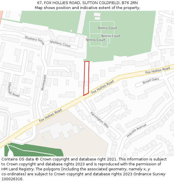 67, FOX HOLLIES ROAD, SUTTON COLDFIELD, B76 2RN: Location map and indicative extent of plot