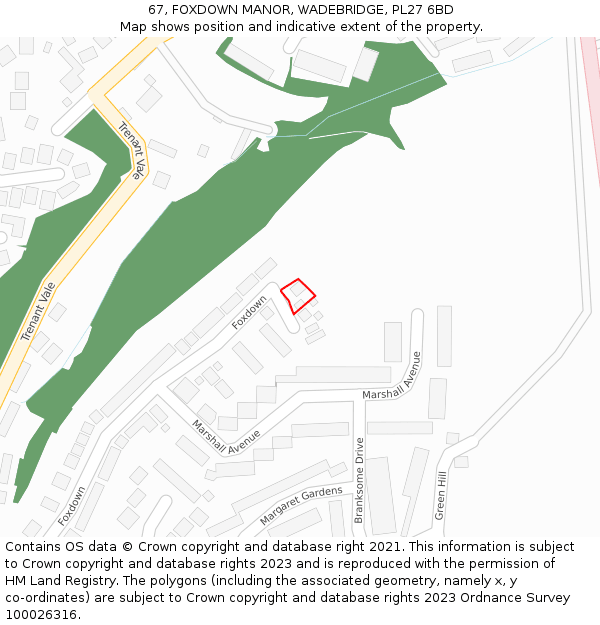 67, FOXDOWN MANOR, WADEBRIDGE, PL27 6BD: Location map and indicative extent of plot