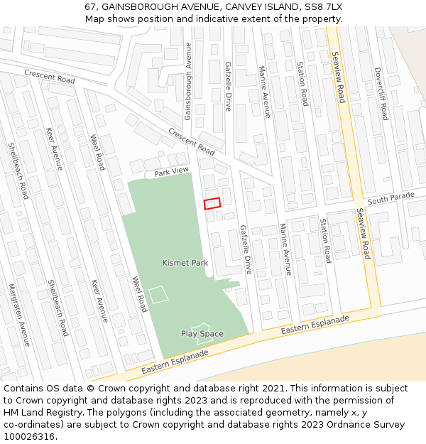 67, GAINSBOROUGH AVENUE, CANVEY ISLAND, SS8 7LX: Location map and indicative extent of plot