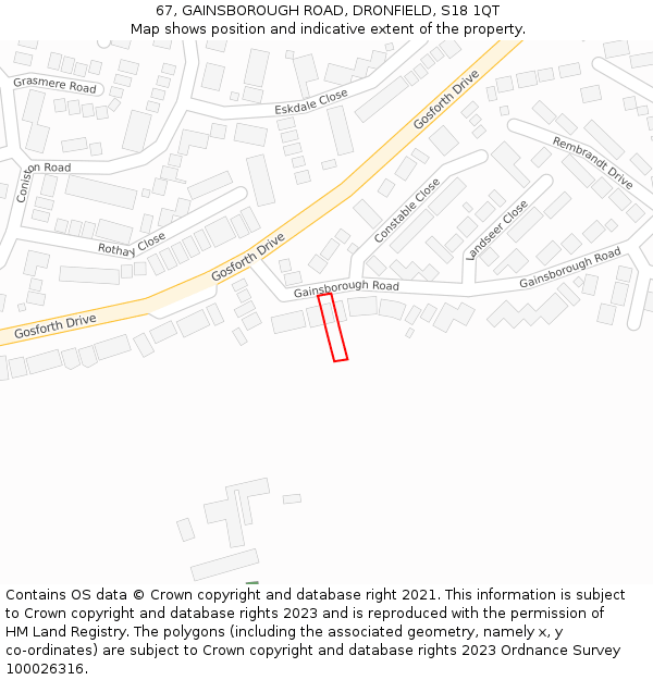 67, GAINSBOROUGH ROAD, DRONFIELD, S18 1QT: Location map and indicative extent of plot