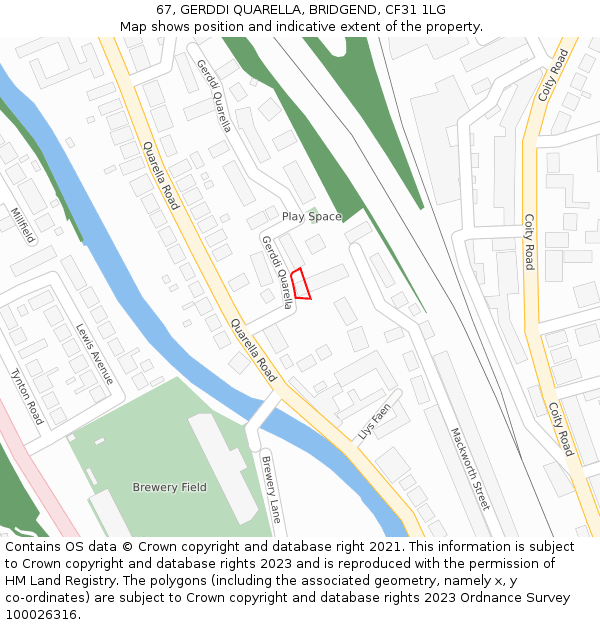 67, GERDDI QUARELLA, BRIDGEND, CF31 1LG: Location map and indicative extent of plot