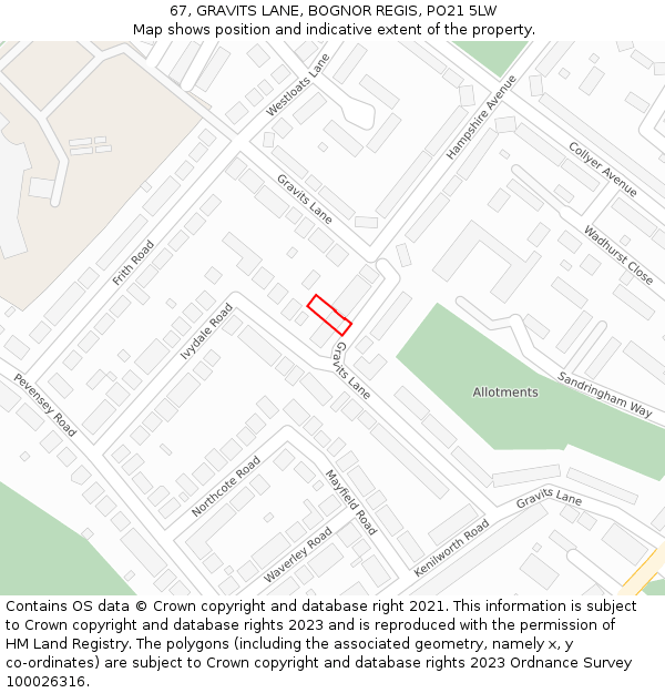 67, GRAVITS LANE, BOGNOR REGIS, PO21 5LW: Location map and indicative extent of plot