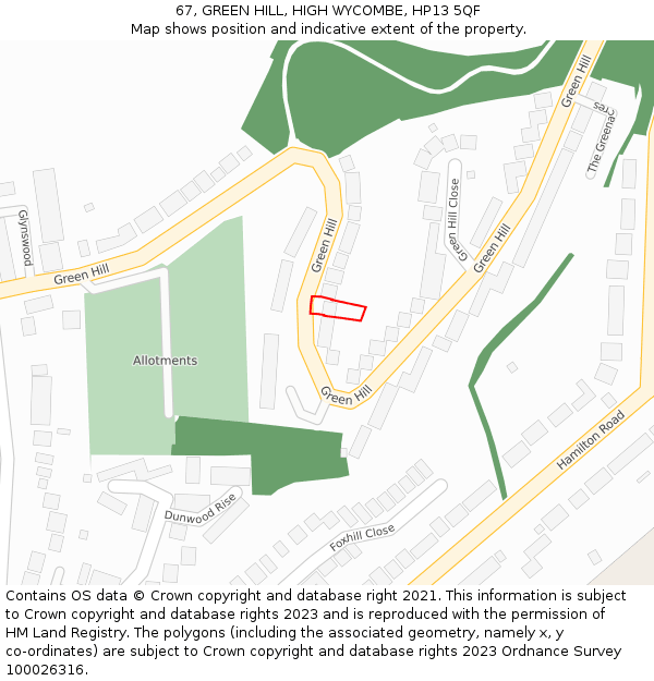 67, GREEN HILL, HIGH WYCOMBE, HP13 5QF: Location map and indicative extent of plot