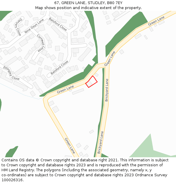 67, GREEN LANE, STUDLEY, B80 7EY: Location map and indicative extent of plot