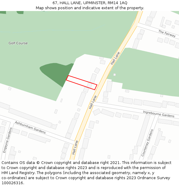 67, HALL LANE, UPMINSTER, RM14 1AQ: Location map and indicative extent of plot