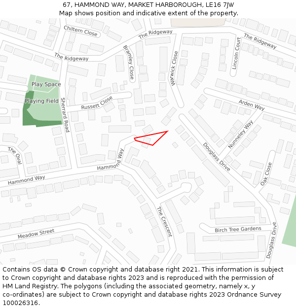 67, HAMMOND WAY, MARKET HARBOROUGH, LE16 7JW: Location map and indicative extent of plot