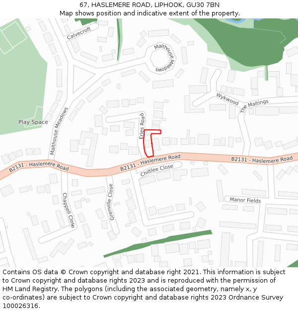 67, HASLEMERE ROAD, LIPHOOK, GU30 7BN: Location map and indicative extent of plot