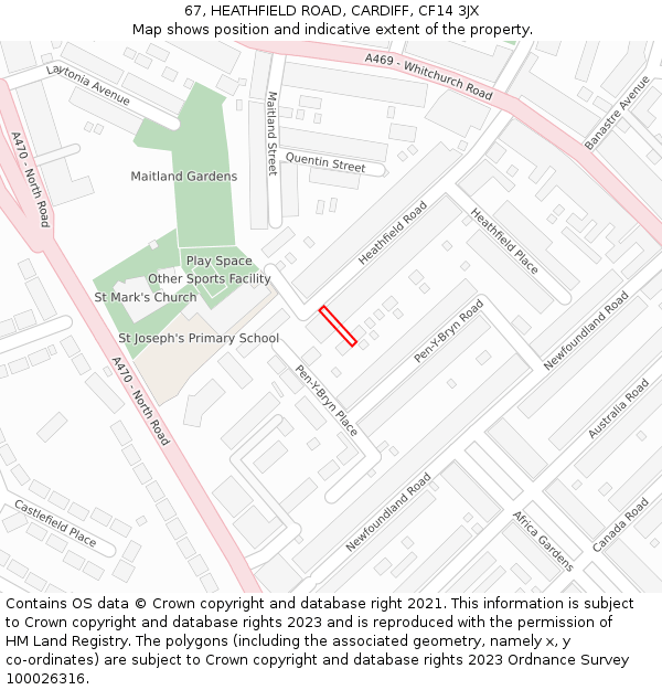67, HEATHFIELD ROAD, CARDIFF, CF14 3JX: Location map and indicative extent of plot