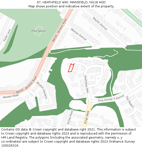67, HEATHFIELD WAY, MANSFIELD, NG18 4GD: Location map and indicative extent of plot