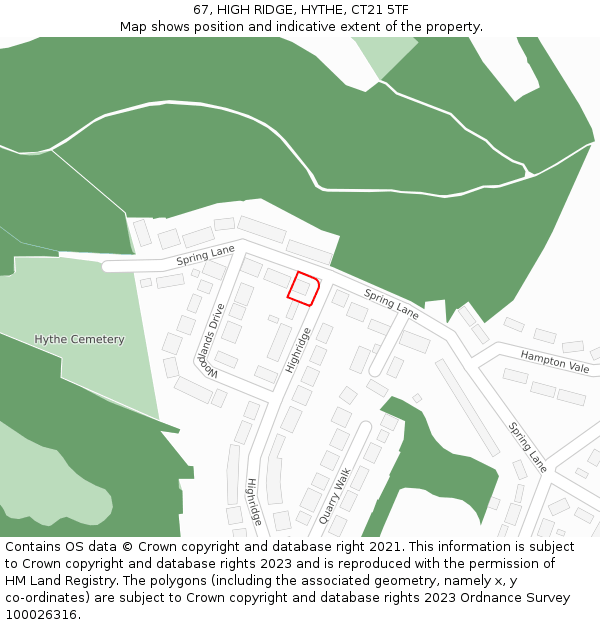 67, HIGH RIDGE, HYTHE, CT21 5TF: Location map and indicative extent of plot