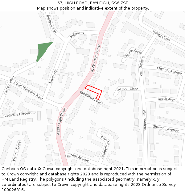 67, HIGH ROAD, RAYLEIGH, SS6 7SE: Location map and indicative extent of plot