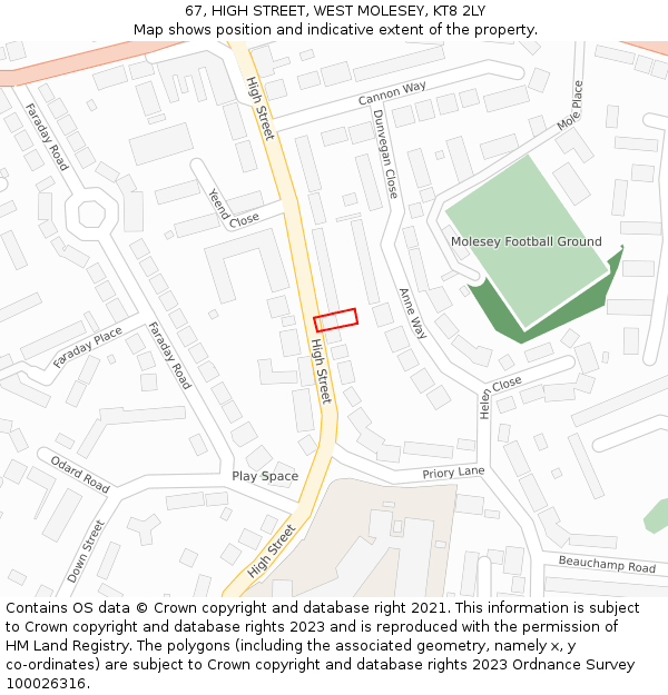 67, HIGH STREET, WEST MOLESEY, KT8 2LY: Location map and indicative extent of plot