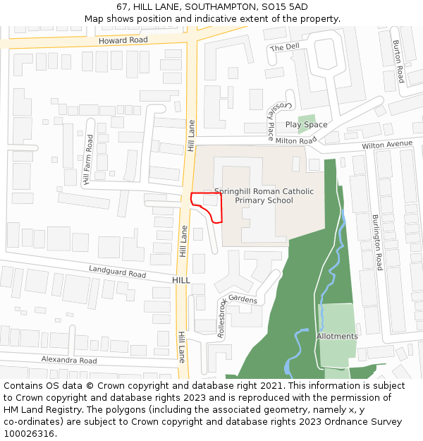 67, HILL LANE, SOUTHAMPTON, SO15 5AD: Location map and indicative extent of plot