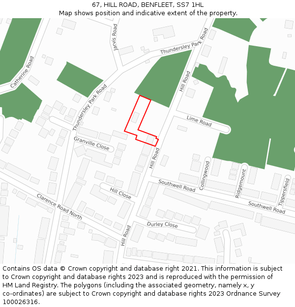 67, HILL ROAD, BENFLEET, SS7 1HL: Location map and indicative extent of plot