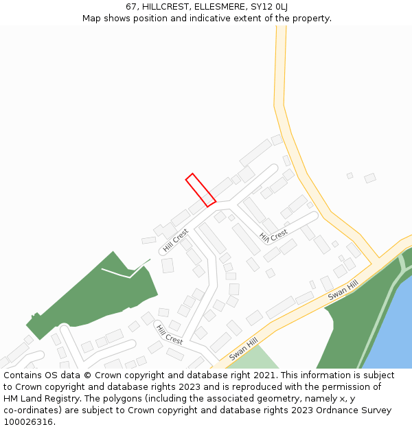 67, HILLCREST, ELLESMERE, SY12 0LJ: Location map and indicative extent of plot