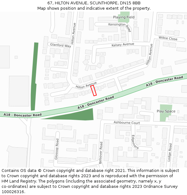 67, HILTON AVENUE, SCUNTHORPE, DN15 8BB: Location map and indicative extent of plot