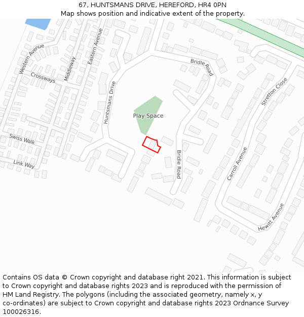 67, HUNTSMANS DRIVE, HEREFORD, HR4 0PN: Location map and indicative extent of plot