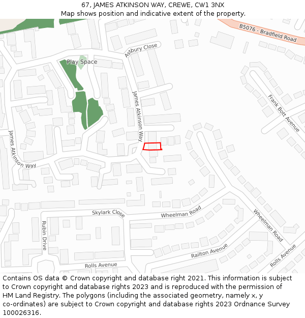 67, JAMES ATKINSON WAY, CREWE, CW1 3NX: Location map and indicative extent of plot