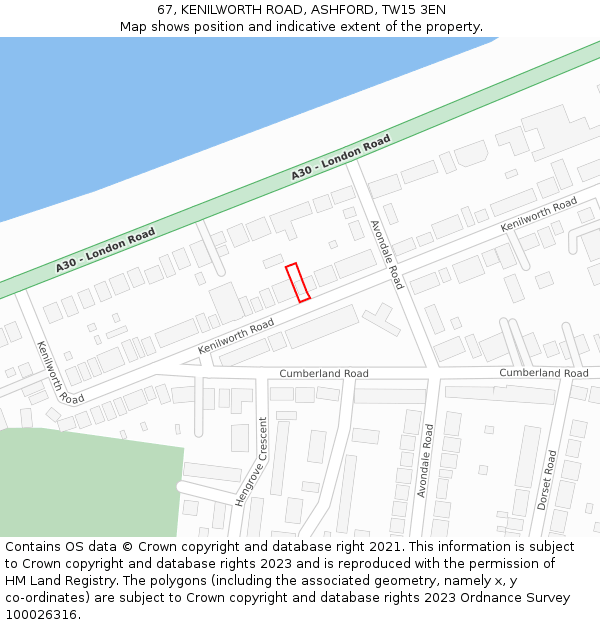 67, KENILWORTH ROAD, ASHFORD, TW15 3EN: Location map and indicative extent of plot