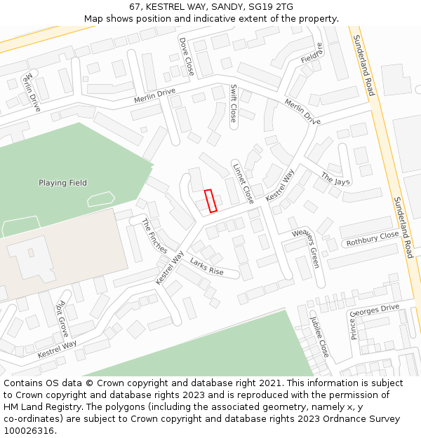67, KESTREL WAY, SANDY, SG19 2TG: Location map and indicative extent of plot