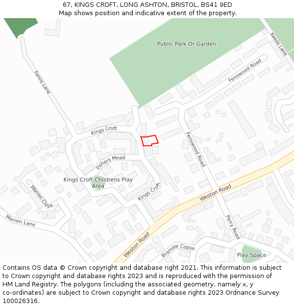 67, KINGS CROFT, LONG ASHTON, BRISTOL, BS41 9ED: Location map and indicative extent of plot