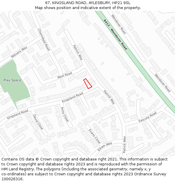 67, KINGSLAND ROAD, AYLESBURY, HP21 9SL: Location map and indicative extent of plot